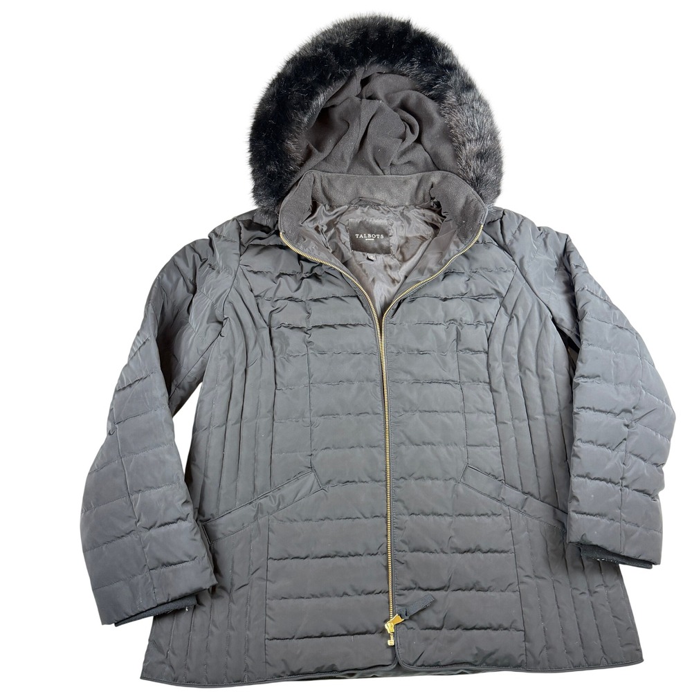 Talbots Woman Black Down Puffer Jacket Faux Fur Hood Trim Plus Size 1X